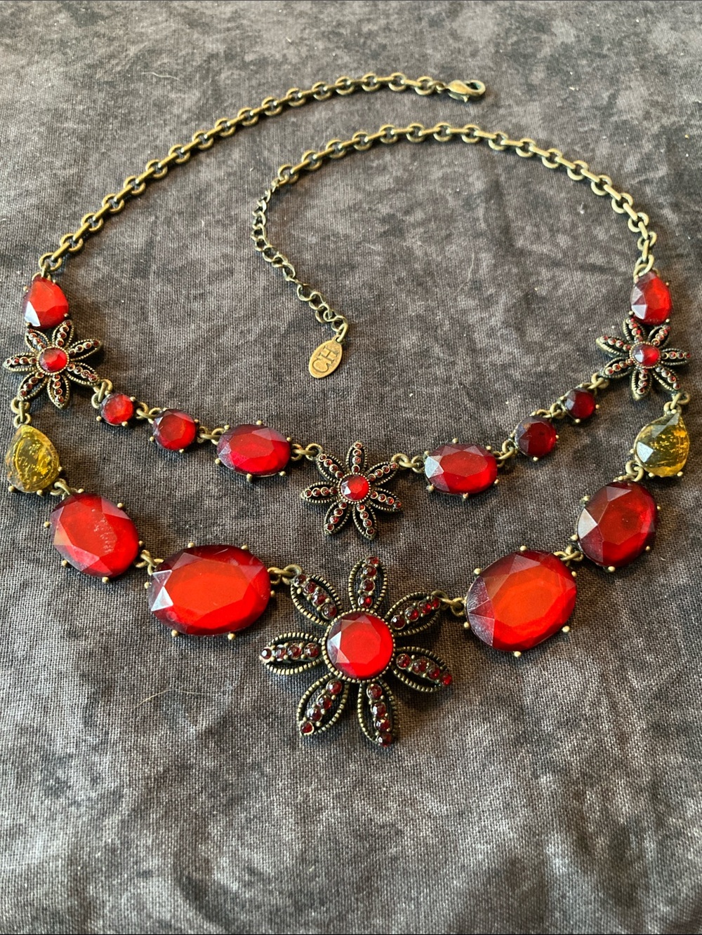 Vintage-Inspired Red Faceted Station Flower Statement Necklace